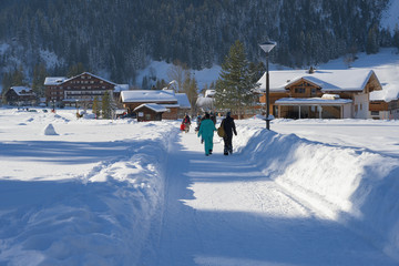 Wintersportler zu Fuss unterwegs, Kandersteg, Berneroberland, Schweiz