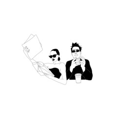 Couple man and woman, stylish young people with coffee, relationship, meeting, chat, business. Fashionable girl with glasses. Brutal man with glasses. Graphic monochrome vector illustration.