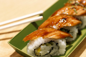 sushi roll with eel close up, top view