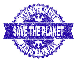 SAVE THE PLANET rosette stamp seal watermark with grunge texture. Designed with round rosette, ribbon and small crowns. Blue vector rubber watermark of SAVE THE PLANET title with unclean texture.