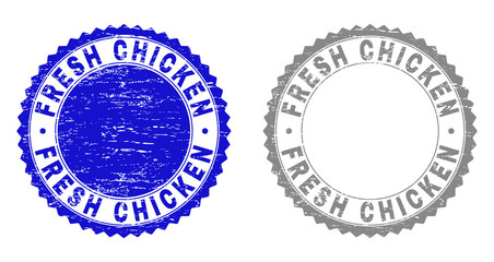 Grunge FRESH CHICKEN stamp seals isolated on a white background. Rosette seals with grunge texture in blue and gray colors. Vector rubber stamp imprint of FRESH CHICKEN caption inside round rosette.