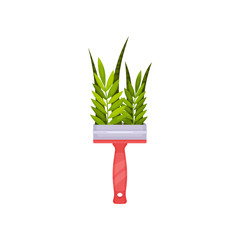 Green leaves in pink paint brush handle. Creative natural composition. Nature theme. Flat vector icon