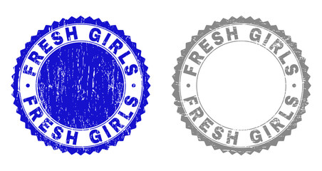 Grunge FRESH GIRLS stamp seals isolated on a white background. Rosette seals with grunge texture in blue and gray colors. Vector rubber watermark of FRESH GIRLS tag inside round rosette.