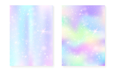 Kawaii background with rainbow princess gradient. Magic unicorn hologram.