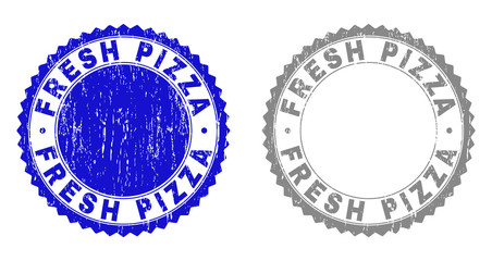 Grunge FRESH PIZZA stamp seals isolated on a white background. Rosette seals with distress texture in blue and grey colors. Vector rubber stamp imprint of FRESH PIZZA tag inside round rosette.