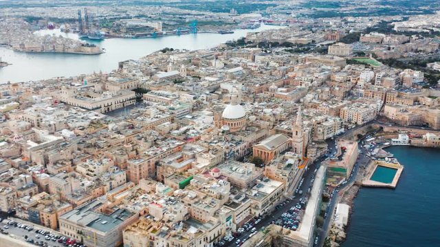 City of Valletta, capital of Malta, aerial view, island in Mediterranean sea. Valletta is the southernmost capital of Europe.