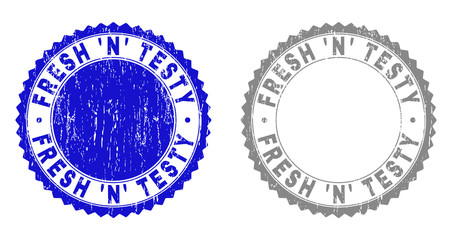 Grunge FRESH 'N' TESTY stamp seals isolated on a white background. Rosette seals with distress texture in blue and gray colors.