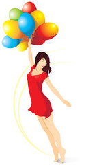 Beautiful girl in a red dress with bright balloons. Vector.