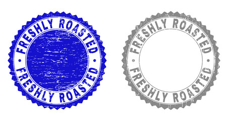 Grunge FRESHLY ROASTED stamp seals isolated on a white background. Rosette seals with grunge texture in blue and grey colors. Vector rubber stamp imprint of FRESHLY ROASTED text inside round rosette.