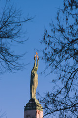 RIGA, LATVIA. cityscape. medieval streets of the old city in the center of Riga, Latvia. Monument of Freedom with statue of Liberty in Riga, symbol of independence and sovereignty. 