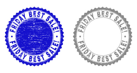 Grunge FRIDAY BEST SALE! stamp seals isolated on a white background. Rosette seals with grunge texture in blue and gray colors.