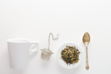 concept of drinking tea without plastic single use teabag. reusable  metalic infuser