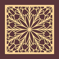 Laser cutting panel. Golden floral pattern. Gift or favor box silhouette ornament. Vector coaster design for metal, wood, paper work.