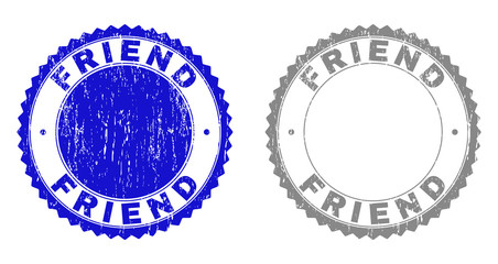 Grunge FRIEND watermarks isolated on a white background. Rosette seals with grunge texture in blue and grey colors. Vector rubber stamp imitation of FRIEND label inside round rosette.