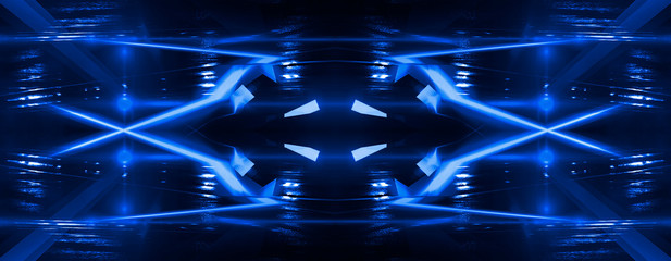 Abstract blue background, portal, corridor. Abstract light, rays, neon, spotlights. Empty space scene.