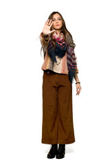 Full-length shot of Young hippie woman making stop gesture denying a situation that thinks wrong on isolated white background
