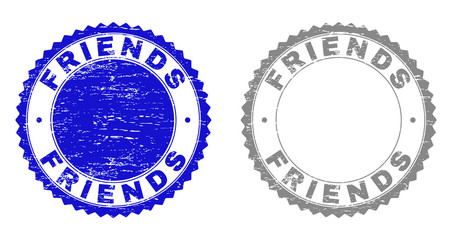 Fototapeta na wymiar Grunge FRIENDS stamp seals isolated on a white background. Rosette seals with grunge texture in blue and grey colors. Vector rubber watermark of FRIENDS title inside round rosette.