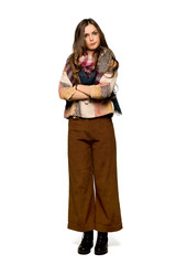 Full-length shot of Young hippie woman feeling upset on isolated white background