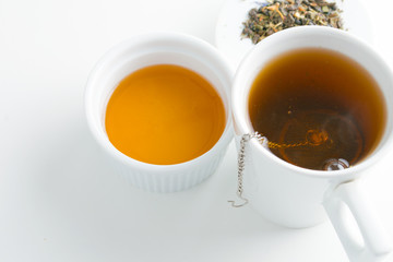 concept of drinking tea without plastic single use teabag. reusable  metalic infuser