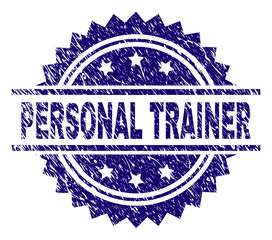 PERSONAL TRAINER stamp seal watermark with distress style. Blue vector rubber print of PERSONAL TRAINER tag with unclean texture.