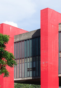 Sao Paulo, Brazil, december 2018. Detail of the "Masp" a big landmark of this city with its characteristics huge red concrete pillars creates a covered public space