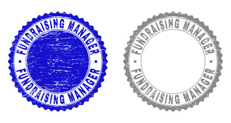 Grunge FUNDRAISING MANAGER stamp seals isolated on a white background. Rosette seals with distress texture in blue and grey colors.