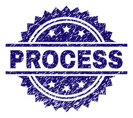 PROCESS stamp seal watermark with distress style. Blue vector rubber print of PROCESS label with dust texture.
