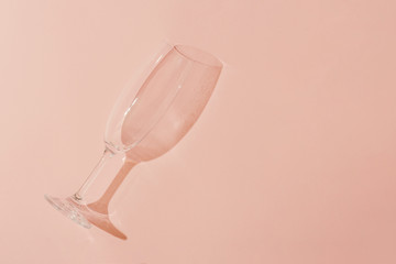 Minimal style. Champagne glass on pastel coral background.