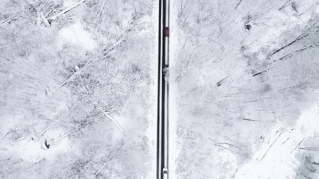 Road through snow-covered forest, tracking shot - aerial view