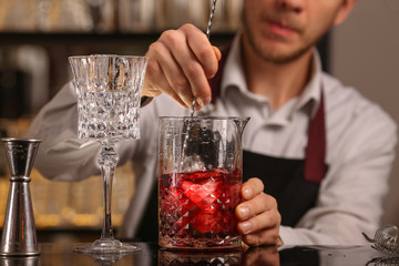 Red fresh alcoholic cocktail. Old fashioned cocktail