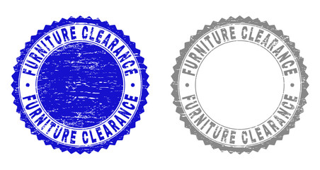 Grunge FURNITURE CLEARANCE stamp seals isolated on a white background. Rosette seals with distress texture in blue and gray colors.