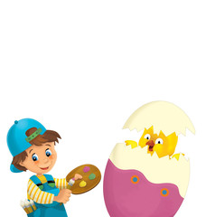 Obraz na płótnie Canvas cartoon happy scene with kid boy painting giant easter egg on white background - illustration for the children