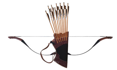 Traditional Archery Black Wooden Leather Quiver Arrow Horse Bow Turkish in White Isolated Background
