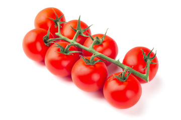 Ripe fresh cherry tomatoes on branch isolated on white background