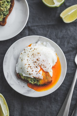 Top view of avocado toast with a poached egg on a plate. The concept of healthy balanced breakfast.