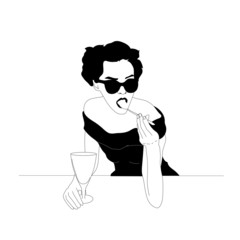 Fashion woman with sunglasses and coffee. Hand drawn vector illustration 