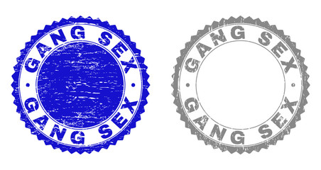Grunge GANG SEX stamp seals isolated on a white background. Rosette seals with grunge texture in blue and gray colors. Vector rubber overlay of GANG SEX label inside round rosette.