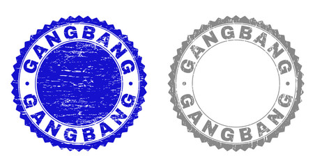 Grunge GANGBANG stamp seals isolated on a white background. Rosette seals with grunge texture in blue and grey colors. Vector rubber stamp imprint of GANGBANG caption inside round rosette.