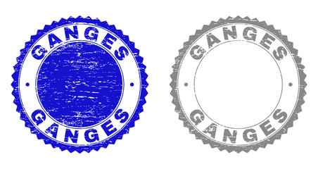 Grunge GANGES stamp seals isolated on a white background. Rosette seals with grunge texture in blue and grey colors. Vector rubber overlay of GANGES tag inside round rosette.