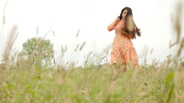 A beautiful girl in a dress stands among the tall grass. Slow motion.