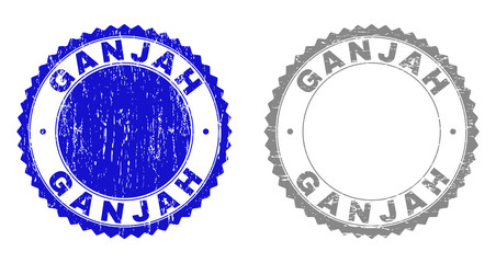 Grunge GANJAH stamp seals isolated on a white background. Rosette seals with grunge texture in blue and grey colors. Vector rubber watermark of GANJAH tag inside round rosette.