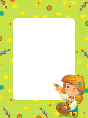 Obraz premium cartoon scene with kid girl painting with frame on white background - illustration for children