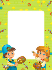 cartoon scene with kids girl and boy painting with frame on white background - illustration for children