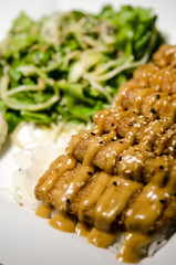 Japanese pan fry with salad and rice in black background.