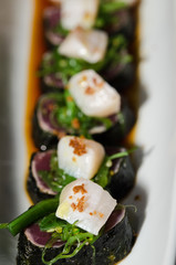 Sushi rolls in white plate and dark background © leonardogonzalez