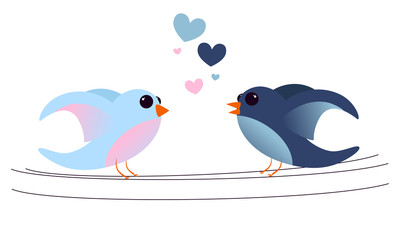two cute birds singing hearts