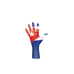 Cuba flag and hand on white background. Vector illustration