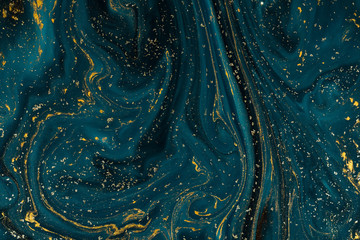 Abstract paint texture art. Natural luxury. Blue paint with gold glitter powder. Marble background.