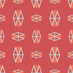 Dimensional geometric shapes on a deep orange background, seamless repeat pattern. works well for textiles, decor, fashion and stationery. Vector. 