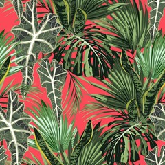 Tropical palm leaves, bright background. Seamless pattern. Jungle foliage illustration. Exotic plants. Summer beach floral design. Paradise nature.